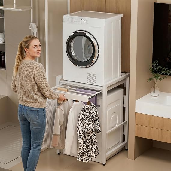 Washer Dryer Stand Stacking Kit, Tumble Dryer Stacking Kit with Sliding Shelf Countertop, Space Saving Laundry Storage Unit with 200KG Load Capacity for Washing Machines