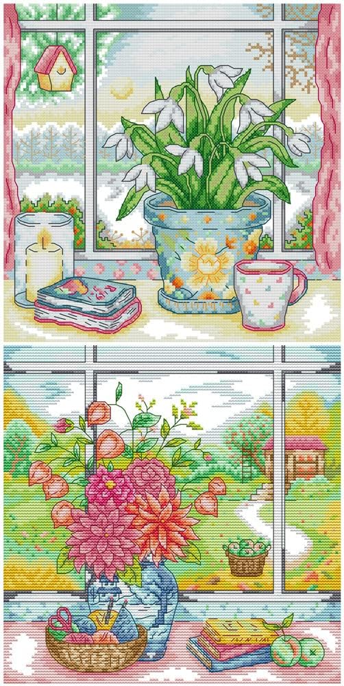 Awesocrafts 2 Pack Cross Stitch Stamped Kits Vase on Windowsill Easy Patterns Cross Stitching Embroidery Needlework Kit Supplies Vase 6