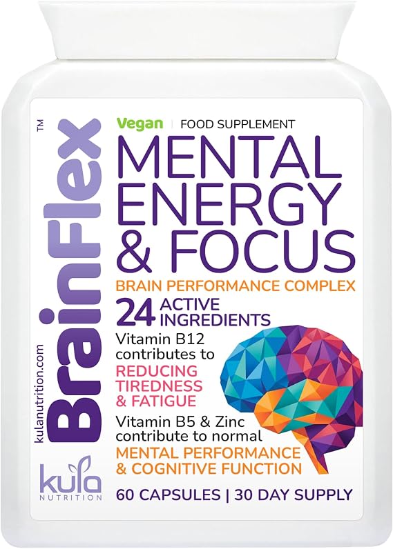 BrainFlex - Nootropic Brain Supplement for Focus and Energy - 60 Capsules | 24 Vegan Ingredients with Ginseng, Ginkgo, L-Theanine, NAC, DHA plus Vitamins B3, B5, B12 and Zinc For Mental Performance