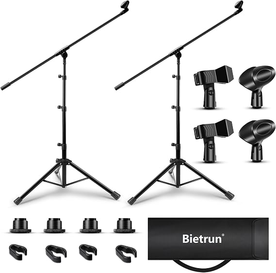 Microphone Stand 2 Pack, Bietrun Tripod Mic Stand Adjustable Boom Height, with Carry Bag & Mic Clips, Detachable Boom Mic Stand for Singing Performance Wedding Stage Church