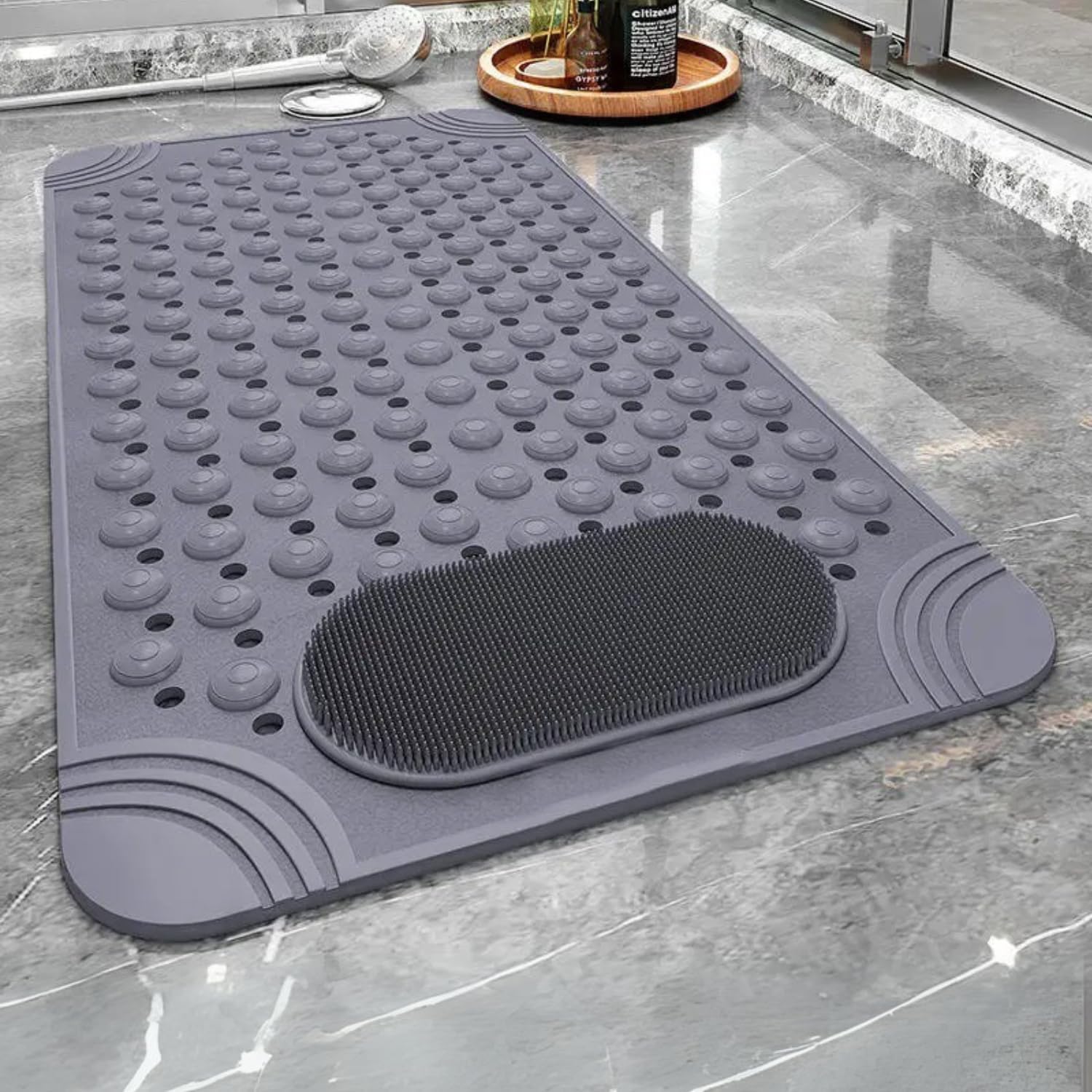 Purish | Non-Slip Bath Mat | Anthracite Gray | 69.5x36cm – Rectangular Shower Mat, Bathtub Mat | Strong Suction Cup, Water Drain, Massage, Brushed | Machine Washable | Non-Slip Floor Mat