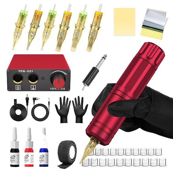 Tattoo Kit Rotary Tattoo Pen Complete Tattoo Machine Kit for Beginners, 6 Pcs Tattoo Cartridge Needles, Ink Color Set for Tattoo Supplies, Tattoo Gun Practice Set for Learner, CTG002 Red