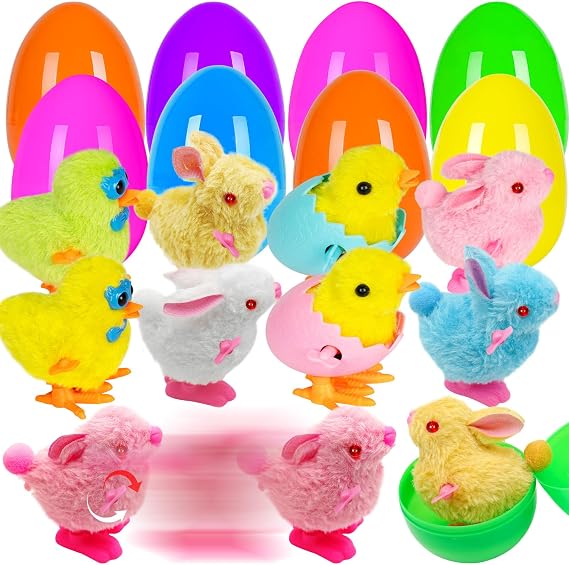 Jumbo 4" Easter Eggs Filled with Wind-up Toys, 8 Pack Colorful Easter Egg Wind Up Jumping Bunnies and Chicks Hunt Filling Treats Easter Basket Stuffers Easter Party Favors for Kids Boys Girls