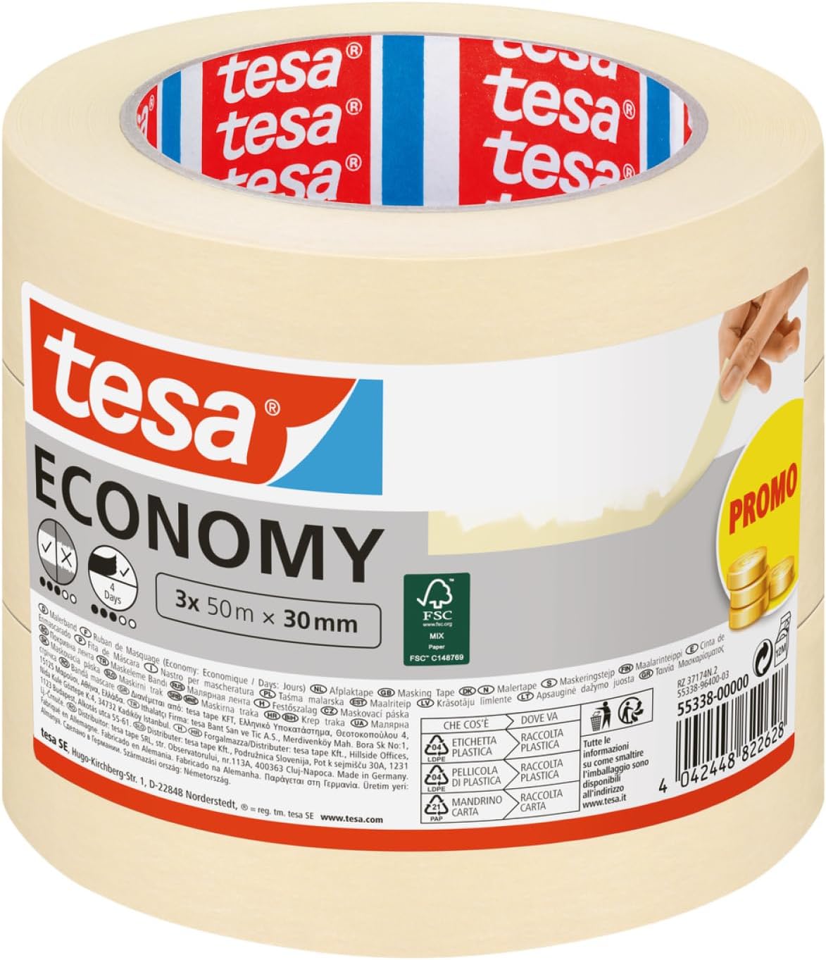 tesa Masking Tape Economy EcoLogo - Painters Tape, 4 Days Residue-Free Removal, Without Solvent - Narrow, 3X 50 m x 30 mm