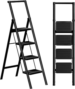 GameGem Folding Step Ladder, 4 Step Ladder with Anti-Slip and Wide Pedal, Lightweight Aluminum Step Stool with Handgrip, Space Saving Stepladder for Home and Kitchen, 300 lbs Capacity Woodgrin