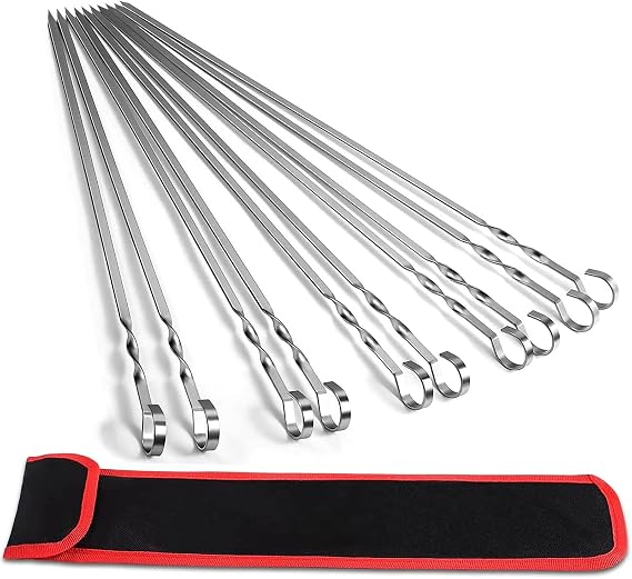 KEYIDO 20 Pcs Premium 304 Stainless Steel Kabob Skewers, 40 cm Long Flat Metal BBQ Barbecue Skewer, Reusable Grilling Skewers with Portable Storage Bag (15.7 inch)