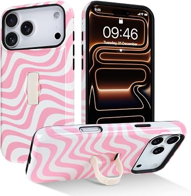 tharlet Case for iPhone 16 Pro Max Case 6.9 with Finger Hand Strap Kickstand,Pink Waves Print Pattern Phone Case for Women Men, Strengthen Protection Cover, Pink Waves Print