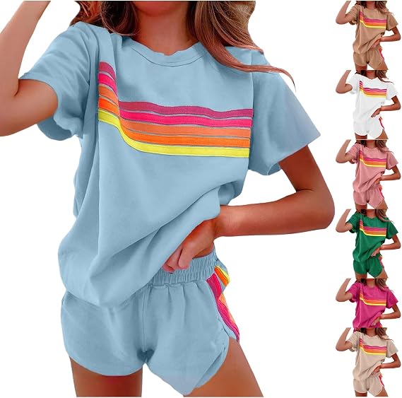 Women's 2 Piece Sets Summer Rainbow Striped Short Set Comfortable Short Sleeve Top and Shorts Matching Set