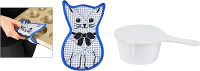 Home-X Cat Pot and Pan Holder, Quilted Oven Mitt with Hanging Loop, Gingham Pattern-Blue and White-7.5 Lx4 W and Microwave Cooking Pot with Strainer Lid