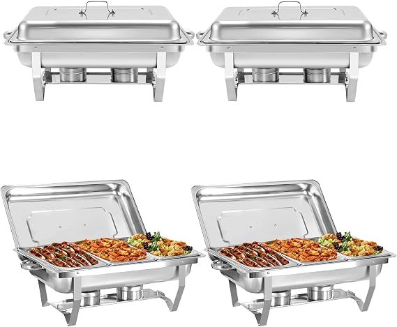 4 Pack 8QT Chafing Dish Buffet Set, Stainless Steel Buffet Warmer Sets, Silver Food Warmer with Foldable Frame Fuel Holder for Parties (4 Pack 1/3 Size Pan)