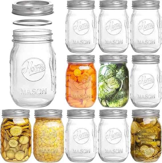 Tebery 12 Pack 16oz Printed Glass Jars 480ml Mason Glass Jars with Regular Mouth Canning Glass Jars with Lids