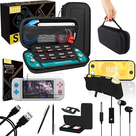 Orzly Switch Lite Accessories Bundle - Case & Screen Protector for Nintendo Switch Lite Console, USB Cable, Games Holder, Comfort Grip Case, Headphones, Thumb-Grip Pack & More (Orzly Gift Pack)