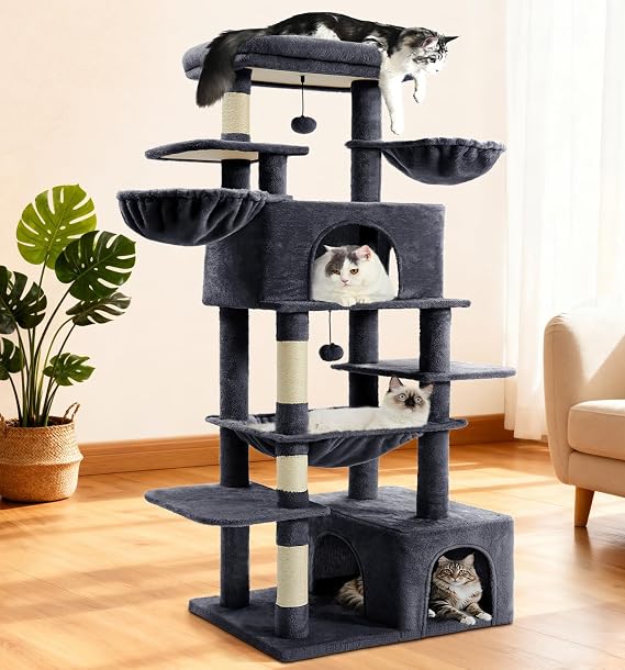 ABCPET Cat Tree Large Cat Tower Tree 68" Multi-Level Cat Tower for Indoor Cats with Sisal Scratching Posts, Widen Cat Perche, Square Hammock, 2 Widen Condos, Scratching Posts, Grey