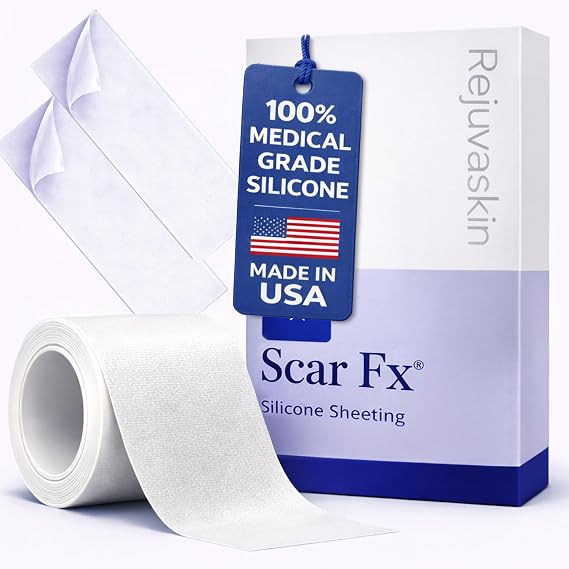 Rejuvaskin Scar Fx box for Small Scars, Soften, Flatten, Reduce and Recover, Silicone Sheeting, RejuvaSil Gel & Medical Tape, 1.5" x 3", 2 Sheets