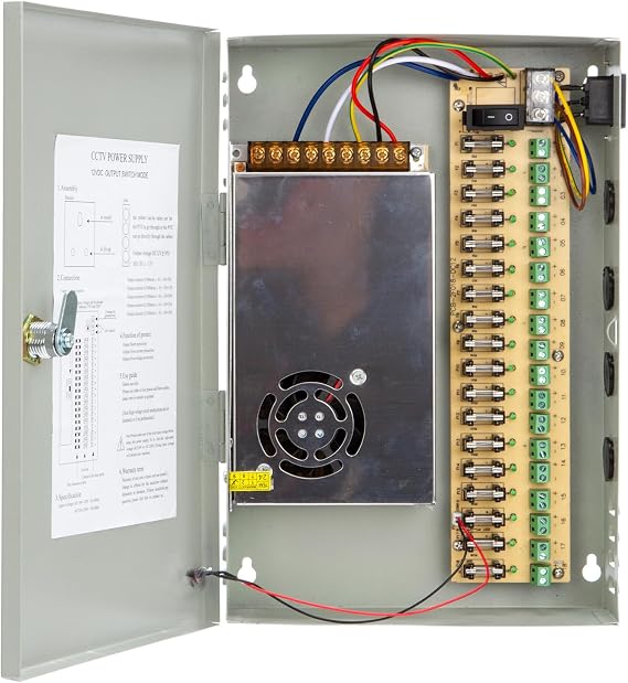 18 Channel Port 12V DC 20 Amp Amper with Glass Tube Fuse Distributed Power Supply Box for CCTV DVR Security System and Camera or Cameras