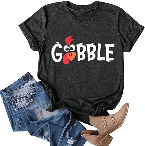 Gobble Gobble Thanksgiving T-Shirt Women Funny Turkey Graphic Print Shirts Thanksgiving Gift Fall Tee Top
