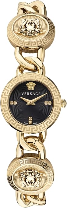 Versace Stud Icon Women's Watch, 26mm IP Yellow Gold Case, Black Sunray Dial, Gold Tone Bracelet, Swiss Quartz Movement, Jewelry Clasp, 3 ATM Water Resistant