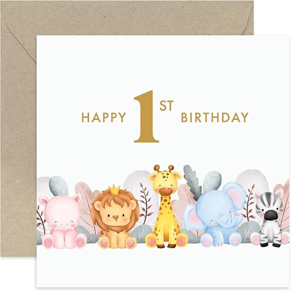 Old English Co. First Birthday Card for Boy or Girl - Age 1 - Cute Safari Animals Birthday Greeting Card for Kids Birthday - First Childrens Birthday Card | Blank Inside with Envelope