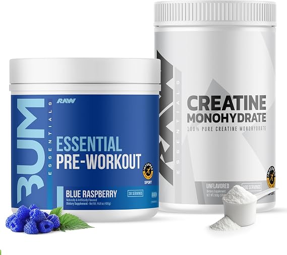 RAW Nutrition Creatine Monohydrate & Blue Raspberry Pre-Workout Powder Bundle