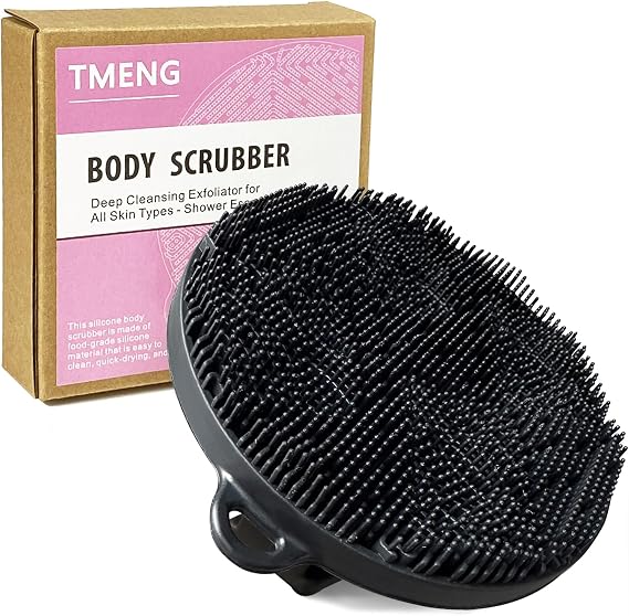 Silicone Body Scrubber-Silicone Shower Brush for Gentle Exfoliating & Lathering with Body Scrub & Wash, Durable & Hygienic, Deep Cleansing Exfoliator for All Skin Types - Shower Essential (Black)