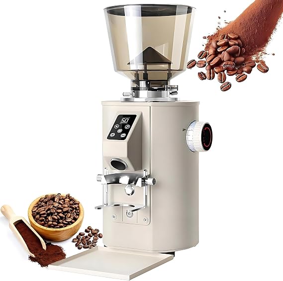 Professional Coffee Grinder - 64mm Flat Burr Espresso Bean Grinder, 1Lb Bean Hopper, Dual Dosing Mode, 9 Adjustable Grind Settings with Portafilter Holder White