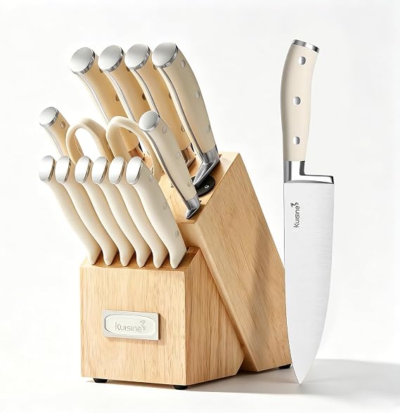 KUISINE Chef Knife Set, High Carbon Stainless Steel Ultra Sharp Blade Ergonomic Handle, Kitchen Knife Block Set with Built-in Sharpener, Elegant Gift for Holiday(15 PCS Pro White)