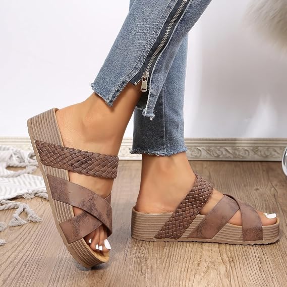 Platform Slide Sandals for Women 2025 Open Toe Elastic Knitted Crisscross Strap Sandals Woven Suede Leather Flat Slippers with Arch Support Dressy Summer Beach Shoes