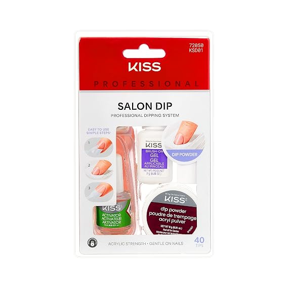 Kiss Salon Dip Professional Dipping System Dip Powder Manicure Kit, Brush-On Gel, Dip Powder, Activator, 2 Brushes, Dipping Tray, Cuticle Stick, Sponge, Nail File, 40 Fake Nails