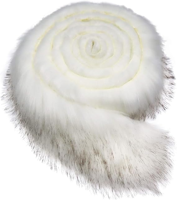 Faux Fur Trim Raccon Fox Fur Ribbon Craft Furry Stripe for Slippers Slides Fringe 2 Yards (White Brown Tip)