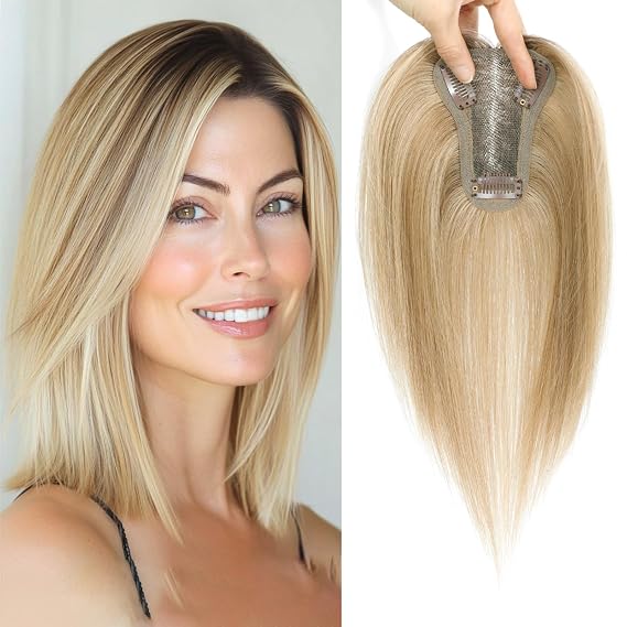 Hair Toppers for Women Upgrade Swiss Lace Base Hair Topper 10inch Hairpieces for Women with Hairloss (Honey Blonde with Dark Brown Root)