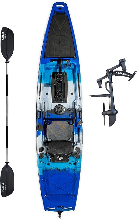BKC Brooklyn 12.5 Pro Pedal Fishing Kayak, Propeller Drive | Hands-free propeller drive, rudder steering, 550 lb capacity, dry storage, rod holders, 12.5 ft sit-on-top hull