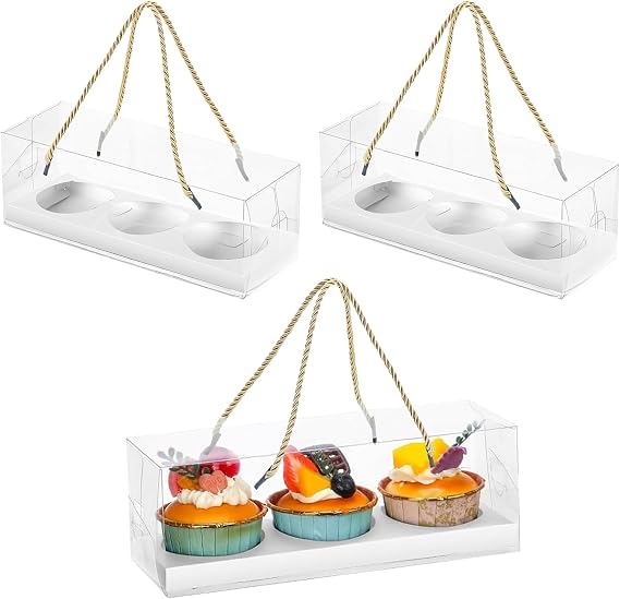 10 Pieces Clear Cupcake Boxes 22.5x7.8x7.8 cm 3 Hole Cupcake Packaging Box