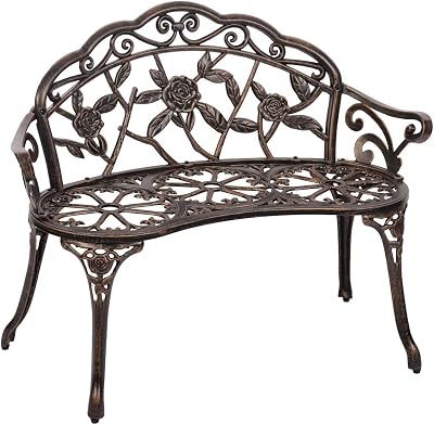 FDW Garden Bench Park Bench Metal Bench Outdoor Benches Clearance Patio Yard Bench Entryway Bench Floral Rose Accented Bronze