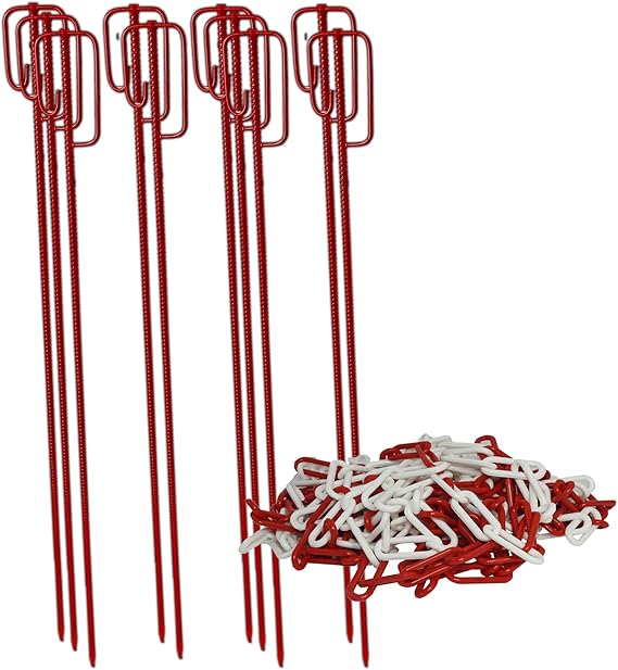 UvV Barrier Rope Holder Pack of 10 with Chain Diameter 14 x 1200 mm Various Colour Combinations Plastic Barrier Chain 25 m Length Choice of 6 or 8 mm Link Thickness (Red 6 mm)