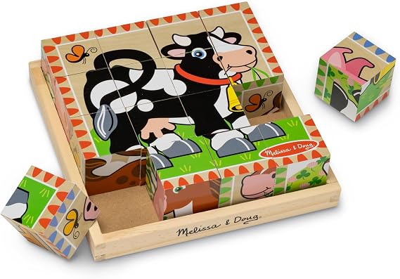 Melissa & Doug Farm Wooden Cube Puzzle with Storage Tray 6-in-1 Animal Puzzle for Toddlers and Preschoolers 16 Wooden Cubes Farm Toy for Kids Ages 3+ FSC Certified