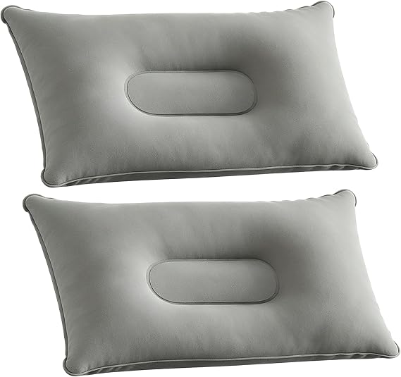 2 Pack Ultralight Inflatable Pillow Small Squared Flocked Fabric Air Pillow Beach Pillow for Hiking/Camping/Traveling/Napping/Desk Rest/Neck Lumbar Support, Gray