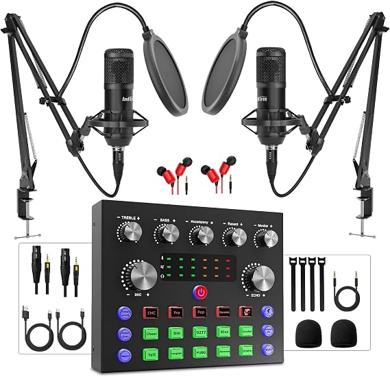 Podcast Equipment Bundle for 2, Audio Interface with Podcast Condenser Microphone, Voice Changer, DJ Mixer for Streaming, Podcast Recording, Gaming, TikTok, PC, Smartphone