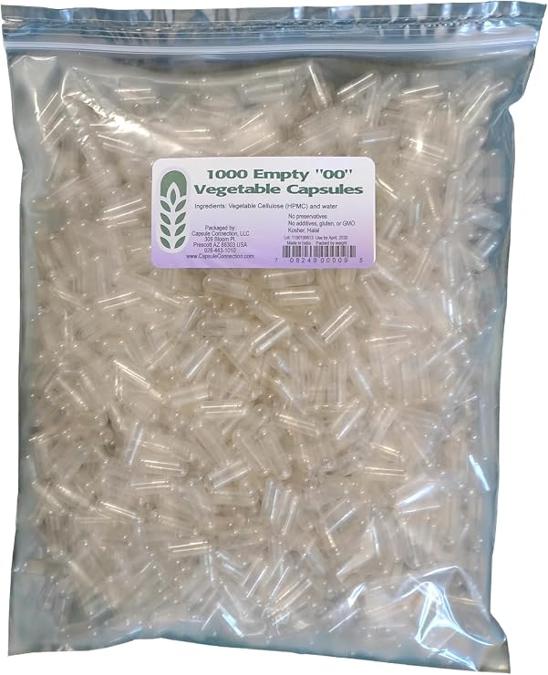 Capsule Connection Wholesale Bulk Empty Vegetable Capsules '00' Size, Vegan & Vegetarian (1000) resealable Bag