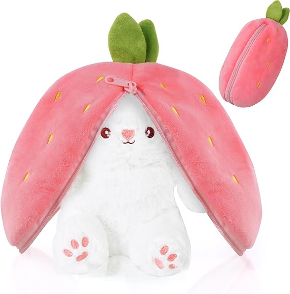 OSDUE Rabbit Plush Toy, 30cm Reversible Bunny Carrot Strawberry Pillow with Zipper, Strawberry Plush Cute Bunny Plushie Toy for Girls Boys Easter Children's Day and Birthday Gifts - Ideal Fluffy Gift