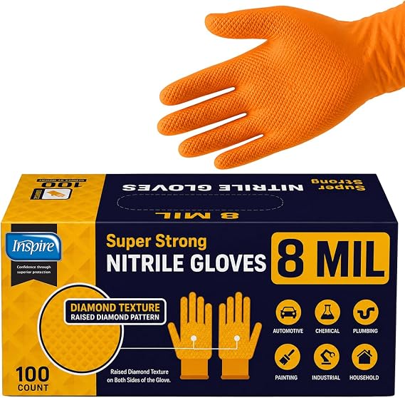 Inspire Heavy Duty Orange Nitrile Gloves | ULTRA 8 Mil Diamond Textured Grip | Industrial Mechanic Disposable Cleaning Gloves