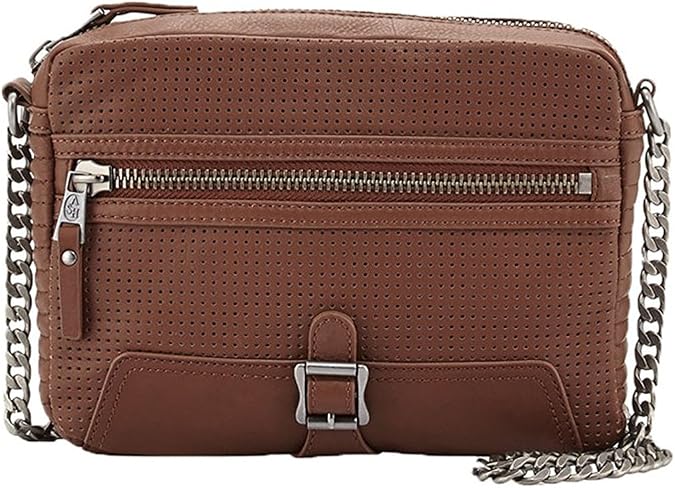 ASH Riley Women's Saddle-tone Chain Crossbody Bag, Perforated Leather Shoulder Handbag, Zip Closure