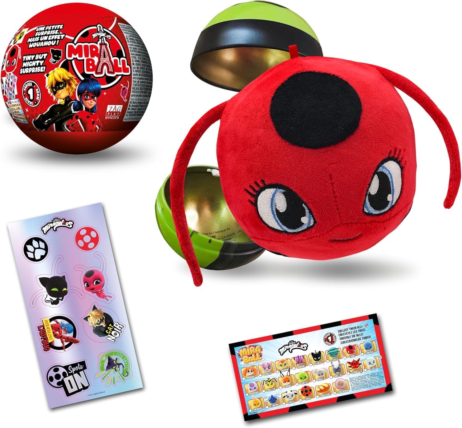 Miraculous Ladybug, 4-1 Capsule Collectible Toy, Surprise Miraball with expanding Plush Kwami, Collectible Character Metal Case, Glittery Stickers & hanging Display Ribbon