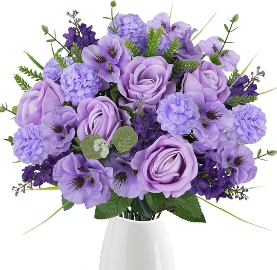 Zythrem Artificial Flowers Mixed Rose Hydrangea Flowers Fake Rose Purple Flower Artificial Spring Flower Realistic Faux Hydrangea Silk Flower Bouquet for Wedding Party Home Table Garden Grave Flower
