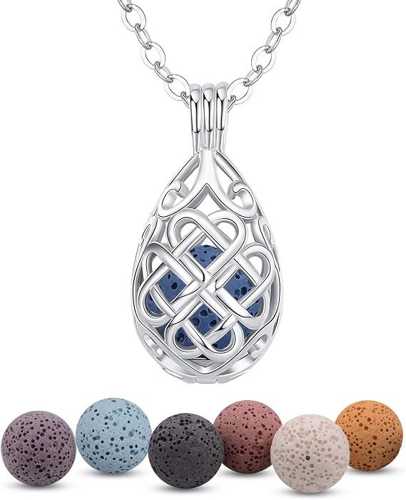INFUSEU Celtic Jewelry for Women Essential Oil Diffuser Necklaces Aromatherapy Gifts Lava Rock Stone Irish Knot Teardrop Pendant Aroma Perfume Spiritual Items for Meditation Yoga