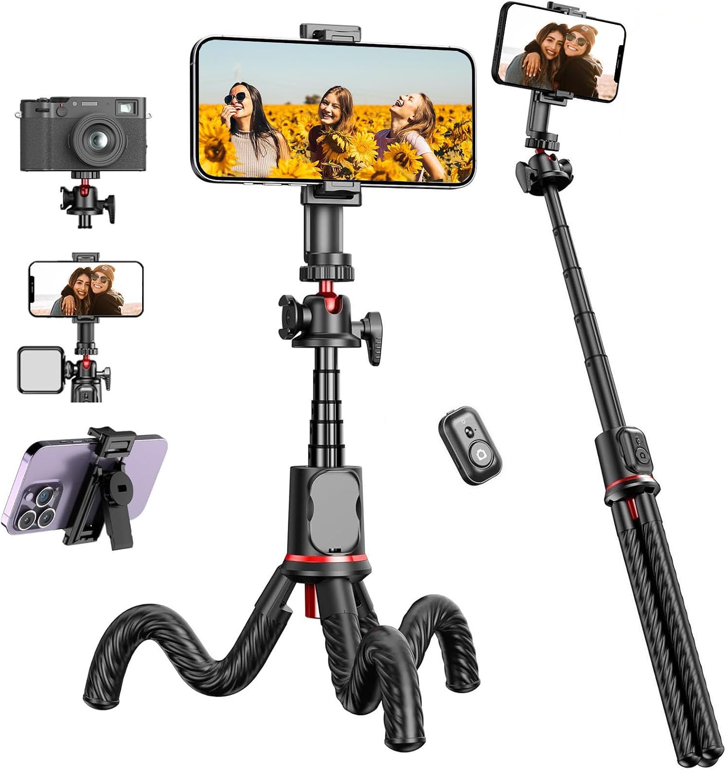 Phone Tripod Flexible Selfie Stick for iPhone - Portable Octopus Camera Tripod with Cold Shoe Mount, Extendable Cell Phone Tripods iPhone Stand Camera Holder for Video Recording Vlog Tiktok
