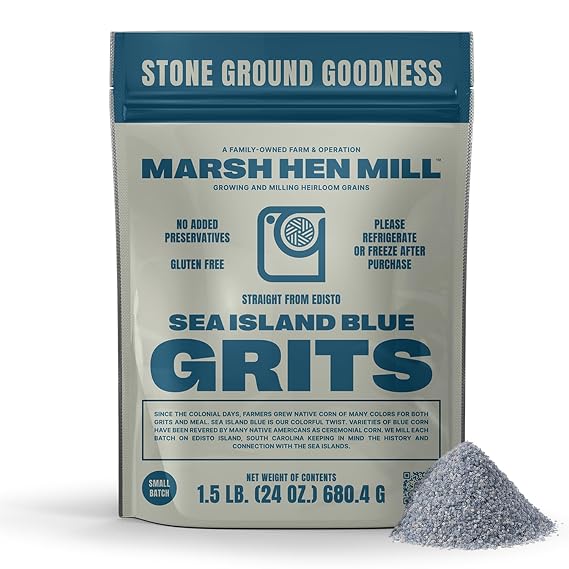 Marsh Hen Mill Sea Island Blue Grits, Stone Ground, Gluten-Free Old Fashioned, Southern Heirloom Corn with Hearty, Fruity, Nutty Flavor, 100% Natural, 24 oz