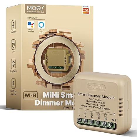 MOES WiFi Smart Relay Dimmable, Dimmer Work with Google Assistant & Alexa, Mini Smart Light Switch Module as Home Assistant, No Hub Required, Timer Relay 2 Gang 1PC, Smart Life/Tuya App