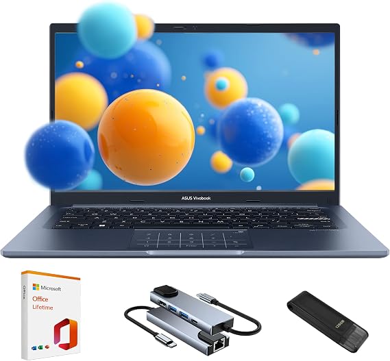 ASUS Vivobook 14 14" FHD Laptop, 13th Gen Intel Core i3 Processor, 16GB RAM, 512GB SSD, Intel UHD Graphics, NumberPad, Privacy Camera, Lifetime Office Suite+128GB USB Flash Drive+Hub, Win 11 Pro