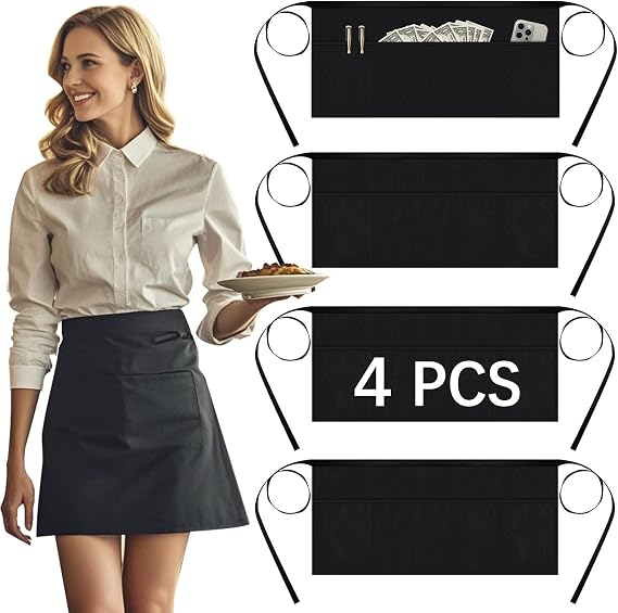 Server aprons with 3 pockets - Reinforced tailor edge restaurant apron,black waitress apron (4PCS)