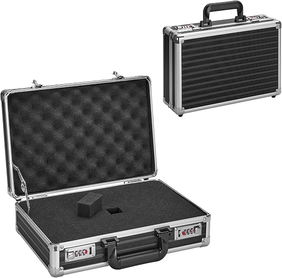 Storage Lock Box - 14.2 x 9.4 x 4.5 Inch, Portable Briefcase, Aluminum Flight Case with Padded Foam, Lockable Protective Storage Box for Personal Items, Valuables, Tools - Black